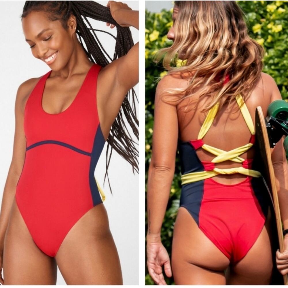 Fabletics Gabriella II One Piece Swimsuit Red W/ Yellow Lace Up Back Size L NEW